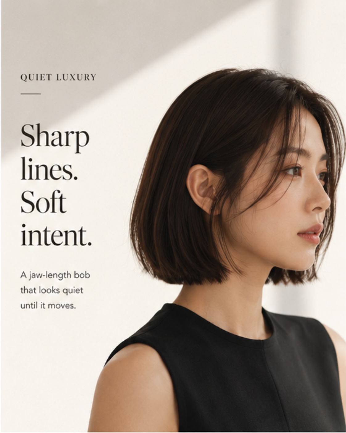 Jaw-length precision bob, glass finish, Asian woman in black sleeveless top